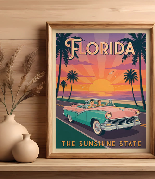Retro Florida travel poster with vintage car and sunset.