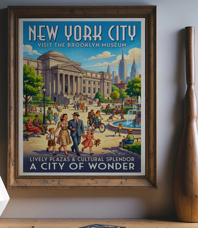 New York City Visit the Brooklyn Museum poster depicting a family and city skyline.