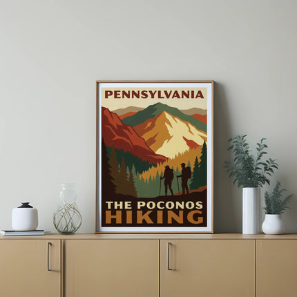 Pennsylvania Poconos hiking poster with two hikers in a mountain landscape.