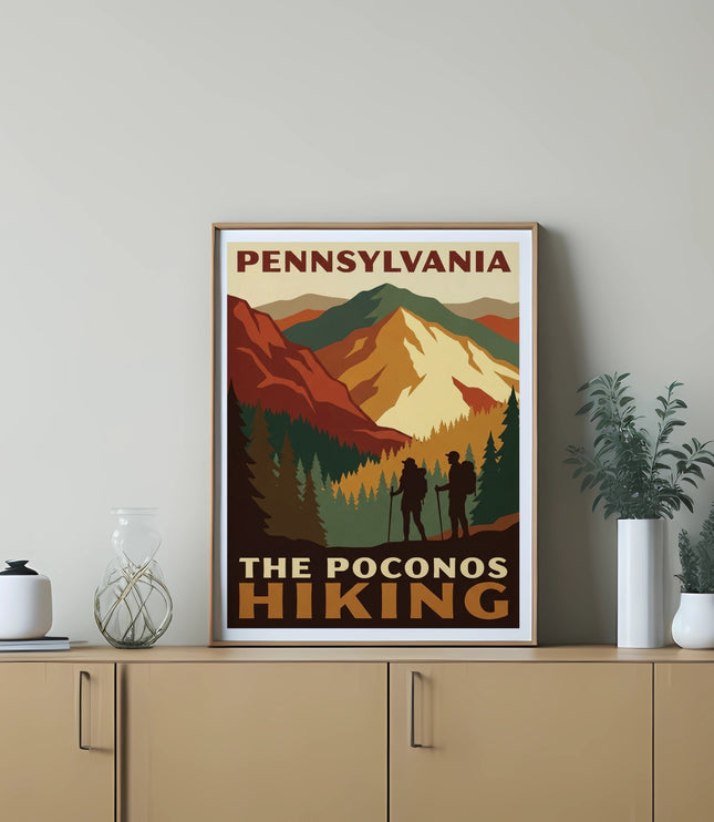 Pennsylvania Poconos hiking poster with two hikers in a mountain landscape.