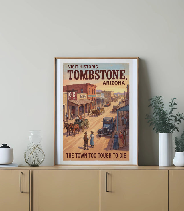 Vintage poster of Tombstone, Arizona street scene with text "The Town Too Tough to Die".