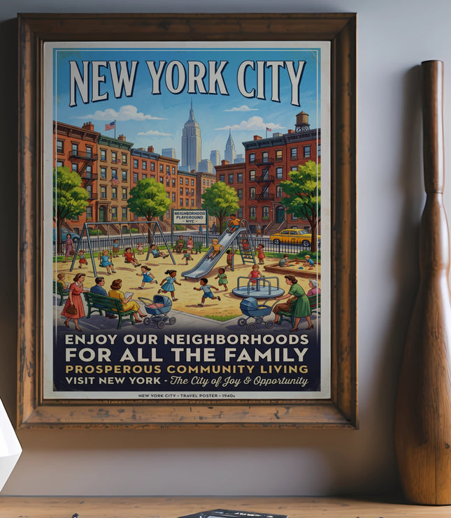 New York City travel poster from the 1940s featuring a playground scene.
