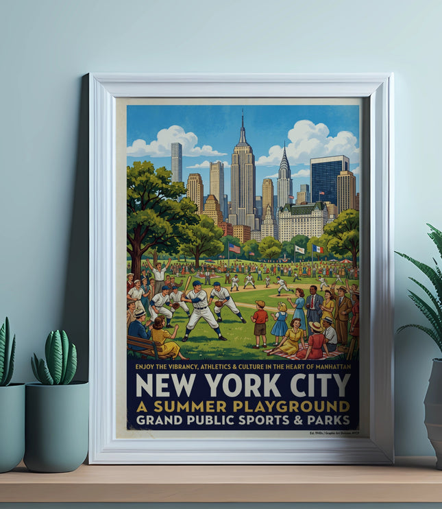 New York City summer playground poster with baseball players and skyline.