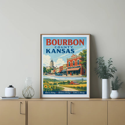 Bourbon County Kansas vintage poster with buildings, fields, and text.