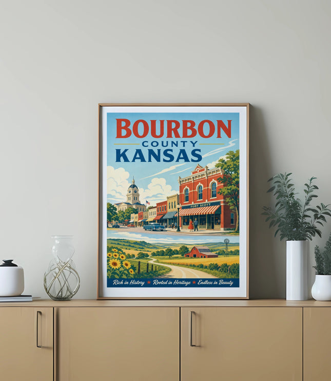 Bourbon County Kansas vintage poster with buildings, fields, and text.