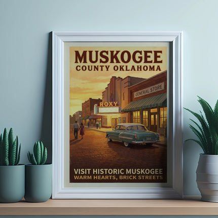 Poster for Muskogee County, Oklahoma, featuring a vintage scene with a car and buildings.