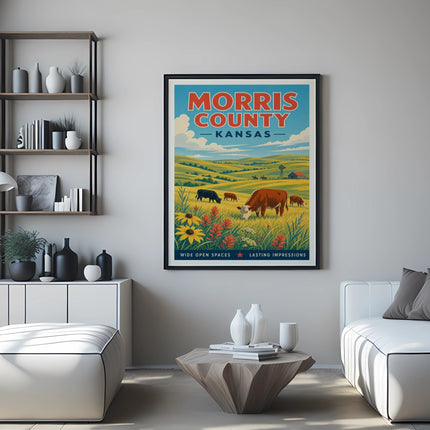 Poster of Morris County Kansas with cows in a field under a blue sky.