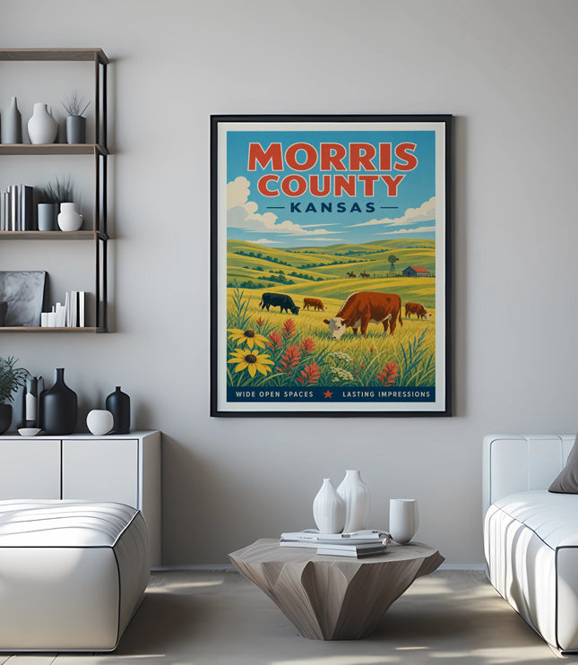 Poster of Morris County Kansas with cows in a field under a blue sky.