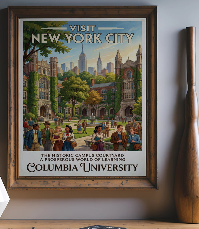 Vintage poster of Columbia University courtyard with New York City skyline.