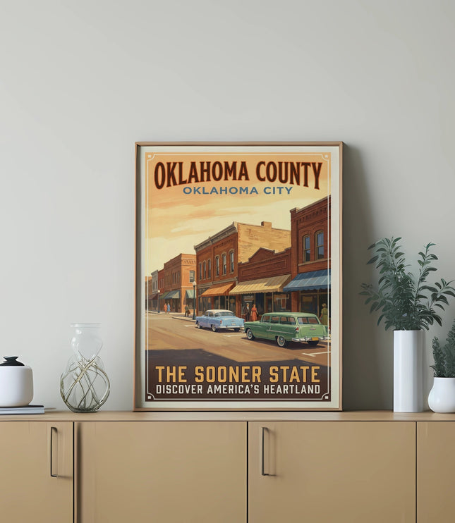 Oklahoma County Oklahoma City vintage travel poster with cars.