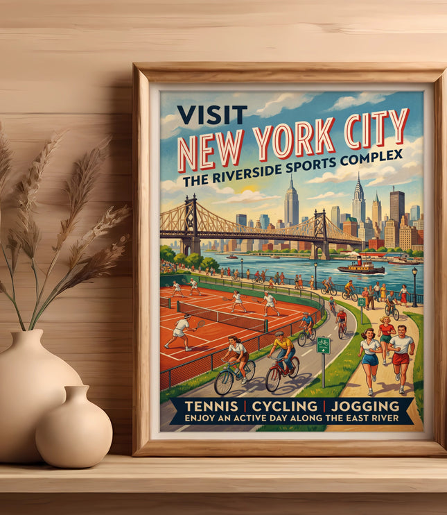 Vintage "Visit New York City" poster showing sports complex with text.