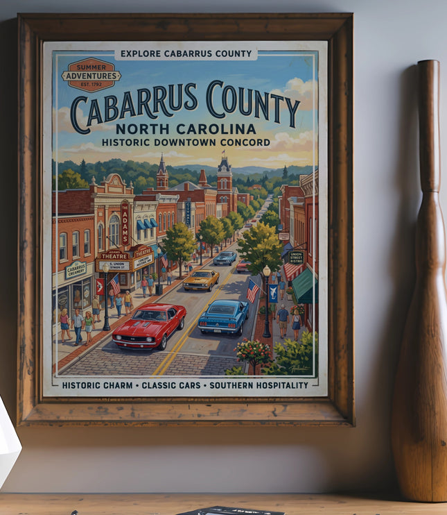 Vintage art poster depicting historic downtown Concord, North Carolina, with classic cars.