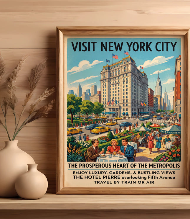 Visit New York City: The Hotel Pierre overlooking Fifth Avenue vintage poster.