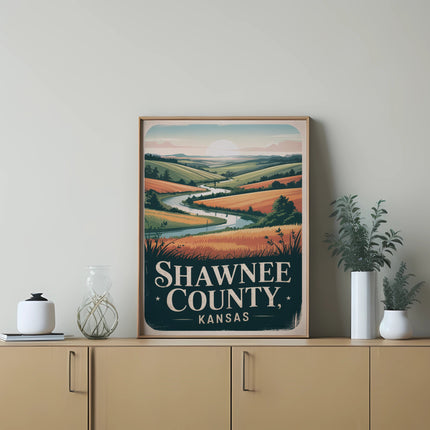Shawnee County, Kansas landscape art print with rolling hills and a river.