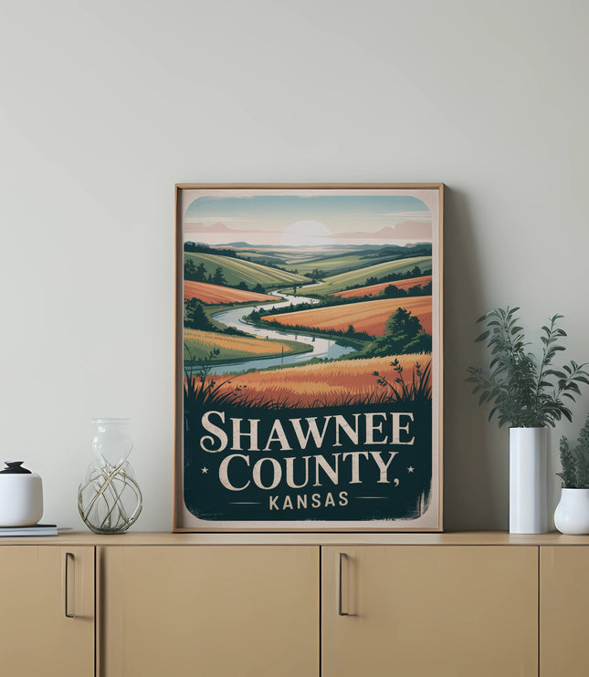Shawnee County, Kansas landscape art print with rolling hills and a river.