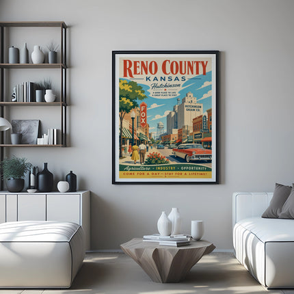 Reno County Kansas Hutchinson retro travel poster with cars and buildings.