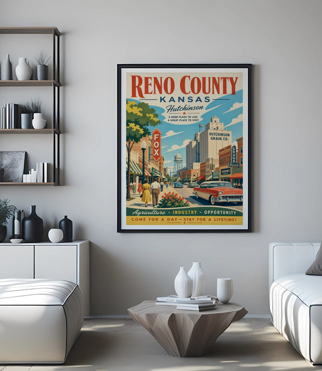 Reno County Kansas Hutchinson retro travel poster with cars and buildings.