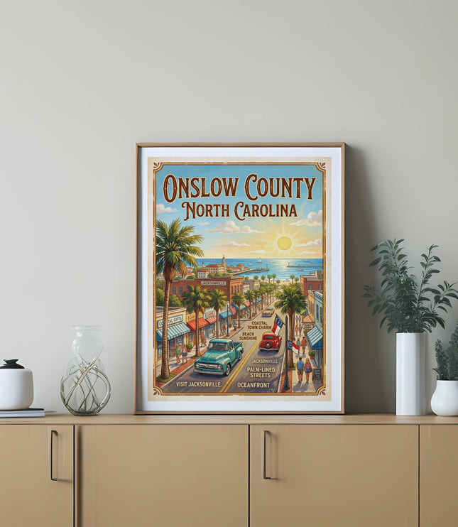 Onslow County North Carolina vintage travel poster with coastal town scene.