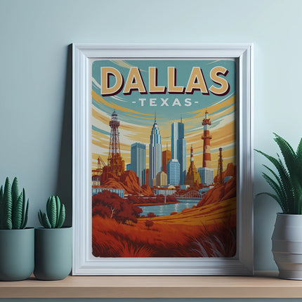 Framed poster of Dallas, Texas skyline with buildings, radio towers, and desert landscape.
