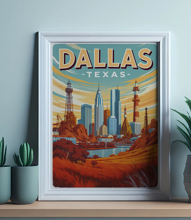 Framed poster of Dallas, Texas skyline with buildings, radio towers, and desert landscape.