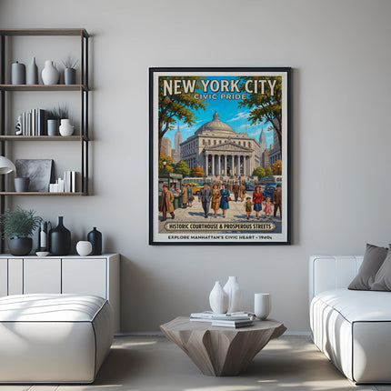 New York City Civic Pride poster with historic courthouse and 1940s street scene.