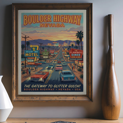 Vintage Boulder Highway Nevada motel sign artwork with cars and desert scene.
