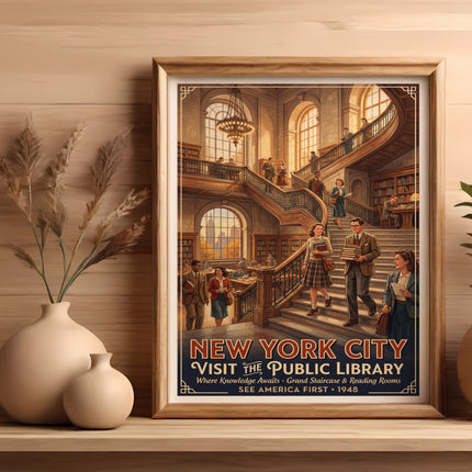 New York City Public Library vintage travel poster, 1948.