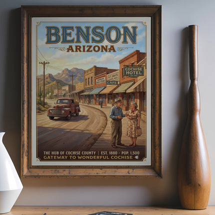 Poster for Benson, Arizona depicting a vintage street scene with an old truck and couple.