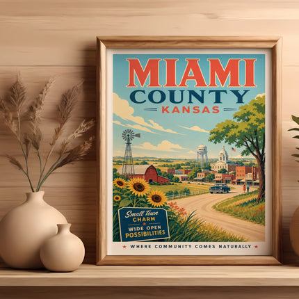 Miami County, Kansas retro poster with small town buildings and text.