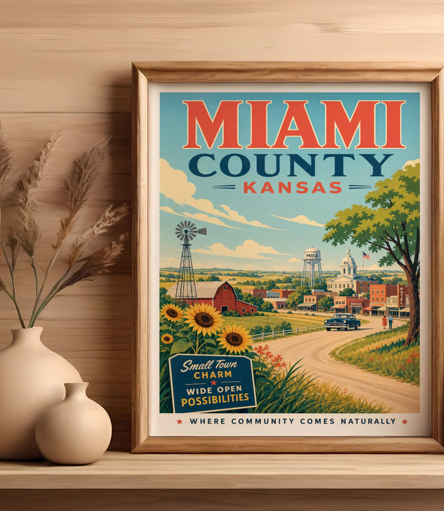 Miami County, Kansas retro poster with small town buildings and text.