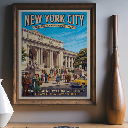 New York City Public Library vintage travel poster with text.