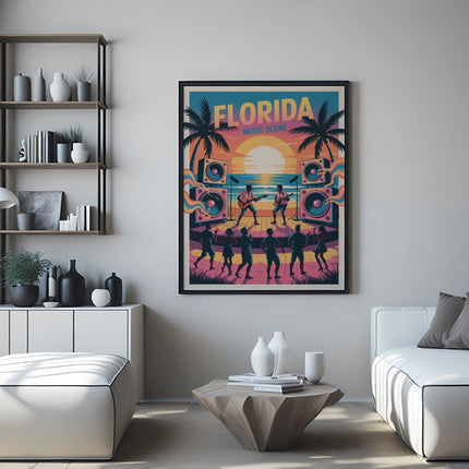 Florida Music Scene concert poster with band performing in front of palm trees and speakers.