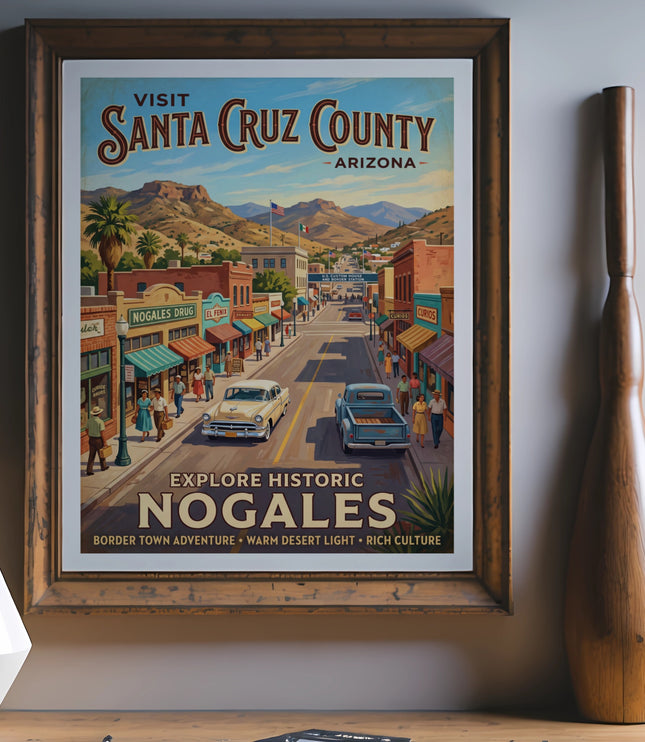 Vintage travel poster for Nogales, Arizona, depicting a street scene with buildings and cars.