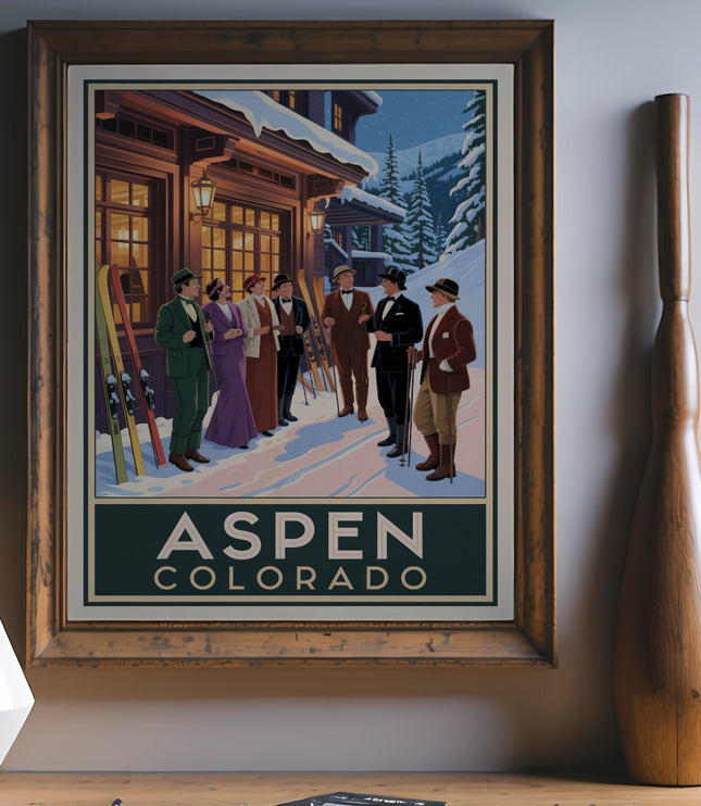 Vintage Aspen Colorado ski poster with people in formal attire and skis.