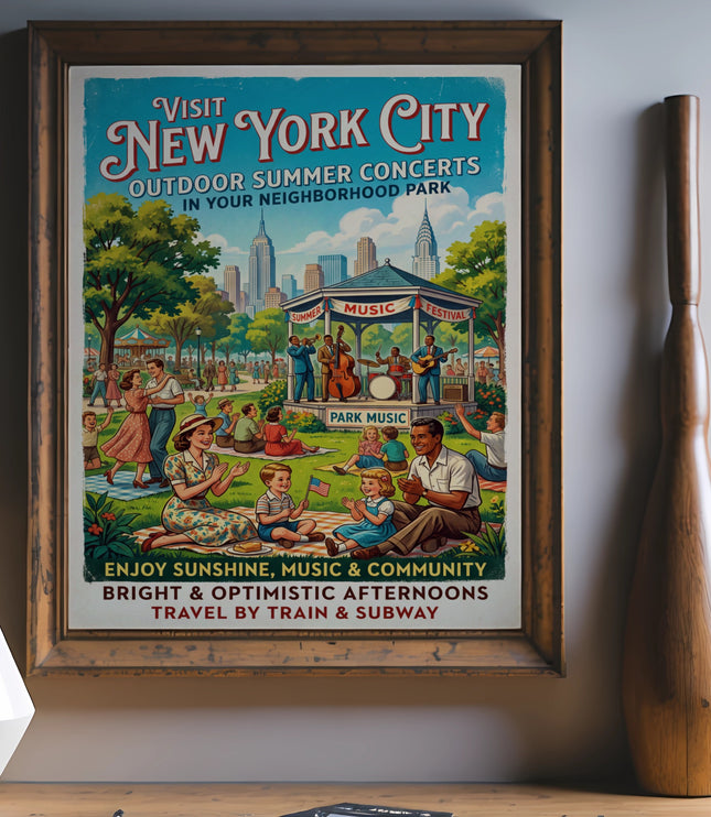 Vintage New York City summer concerts poster featuring families in a park with a band.