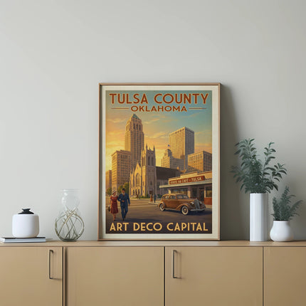Retro poster of Tulsa County, Oklahoma, with skylines, couple, and Route 66 Cafe.
