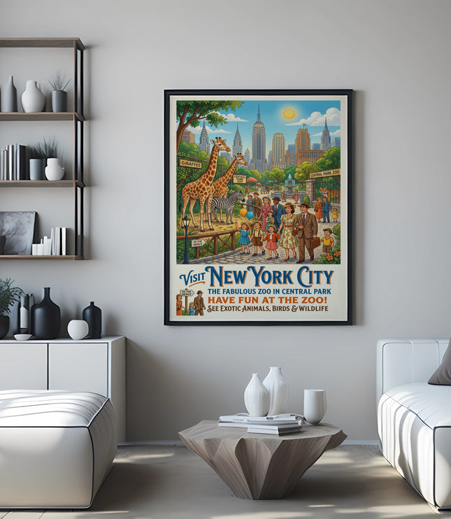 Vintage poster: Visit New York City, Central Park Zoo with giraffes and zebras.