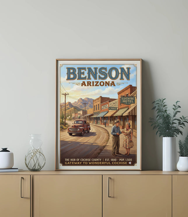 Benson, Arizona vintage travel poster with a classic truck and shops.