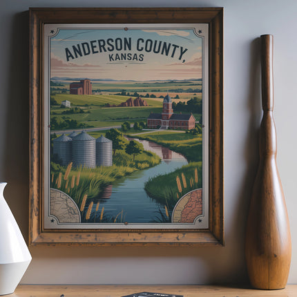 Anderson County, Kansas map poster with rural landscape and vintage schoolhouse.