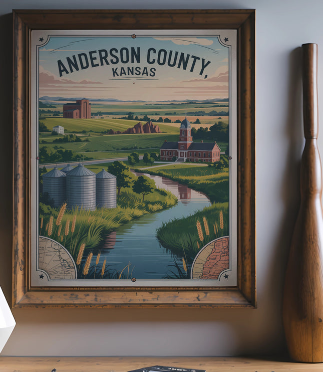 Anderson County, Kansas map poster with rural landscape and vintage schoolhouse.