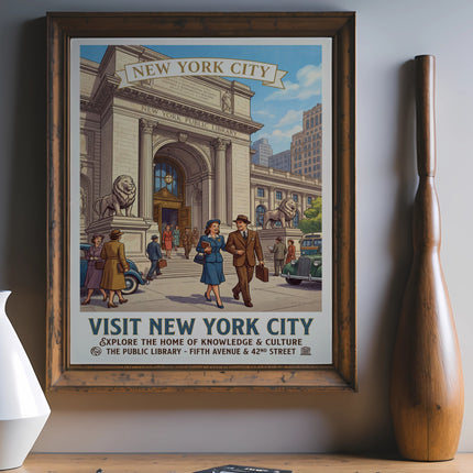 New York City Public Library poster promoting visits to Fifth Avenue and 42nd Street.