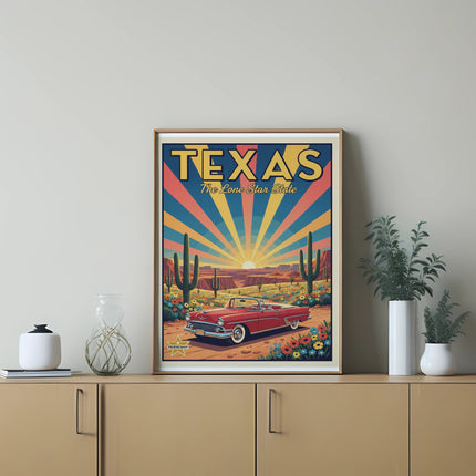 Retro Texas road trip poster with a red convertible in a desert landscape.