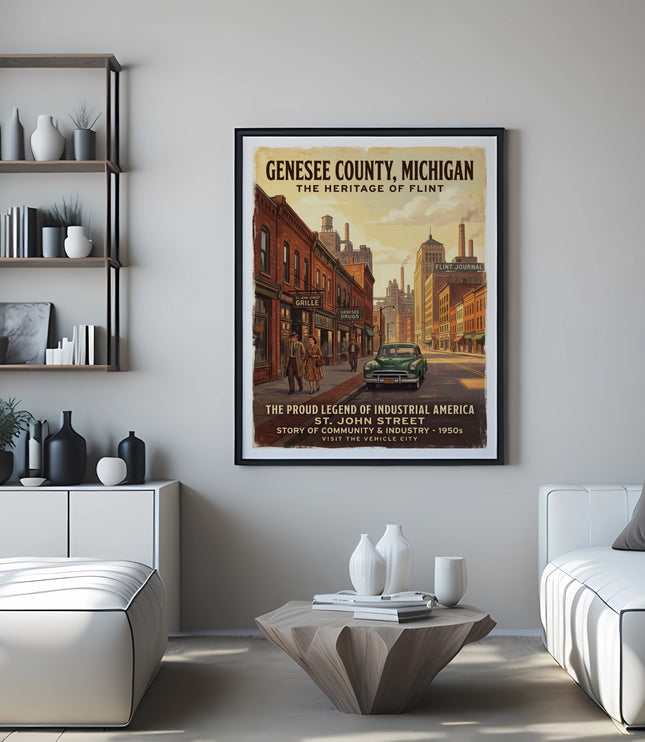 Framed poster featuring Genesee County, Michigan, heritage of Flint.
