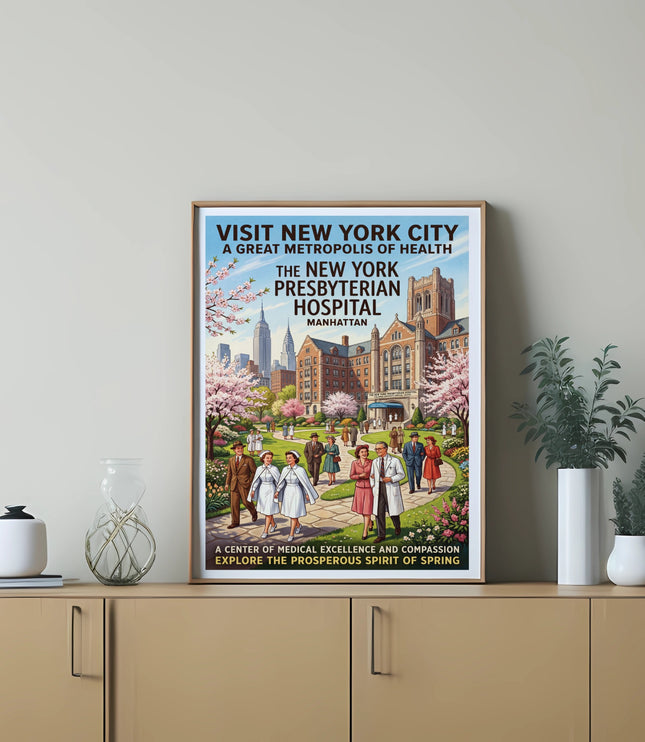 New York Presbyterian Hospital vintage poster with people in spring garden.