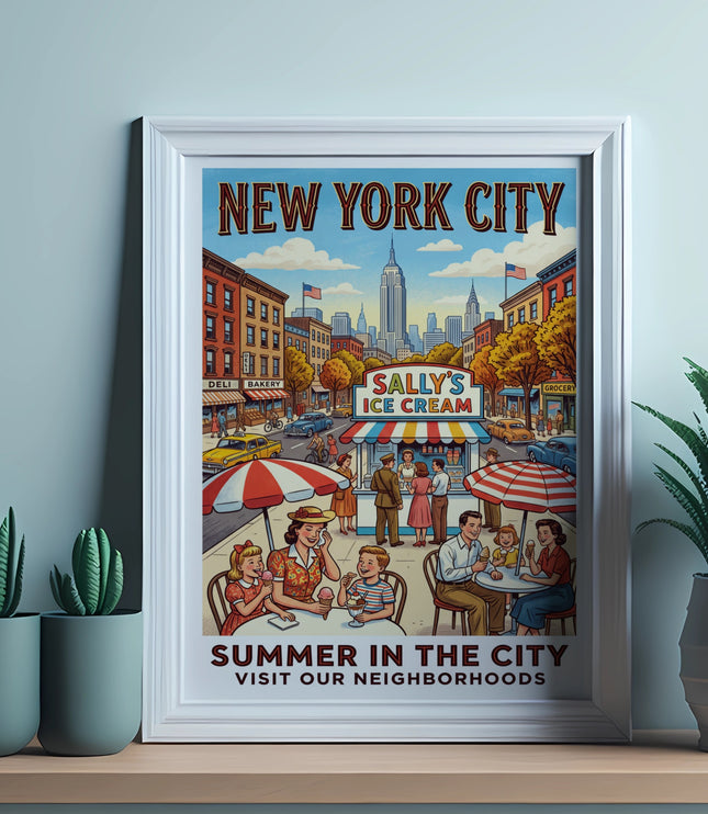 New York City skyline with Sally's Ice Cream, families enjoying summer.