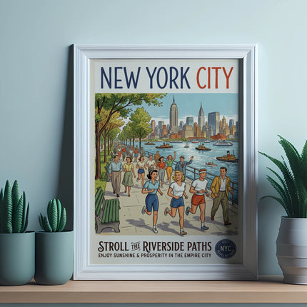 New York City Riverside Paths vintage poster with runners and skyline.