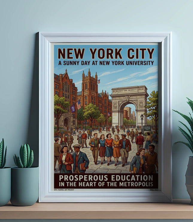 New York City poster depicting a sunny day at New York University with Washington Square Arch.