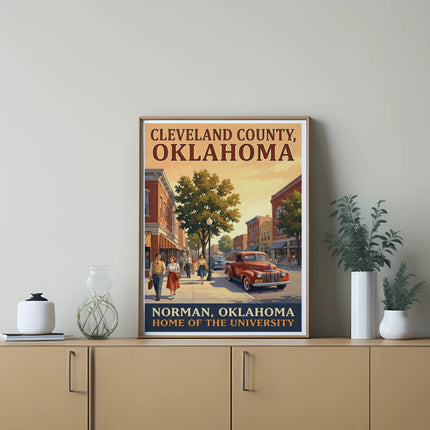 Poster reads "Cleveland County, Oklahoma Norman, Oklahoma Home of the University."