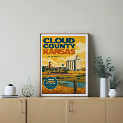 Cloud County, Kansas travel poster with grain elevators and open fields.