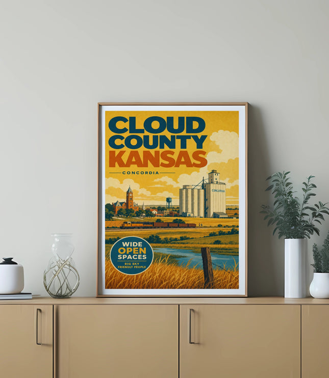 Cloud County, Kansas travel poster with grain elevators and open fields.